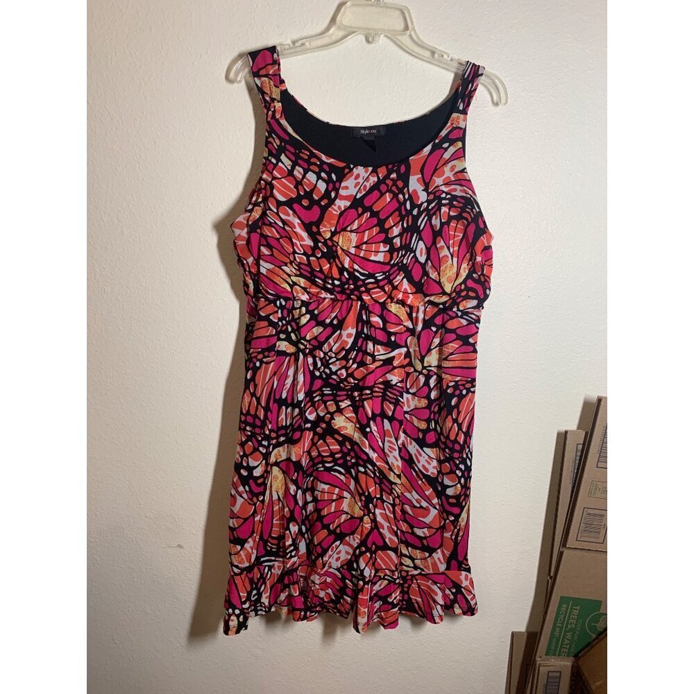 Style & Co Dress Business Casual Office Abstract Butterfly Sleeveless Pink SZ XL